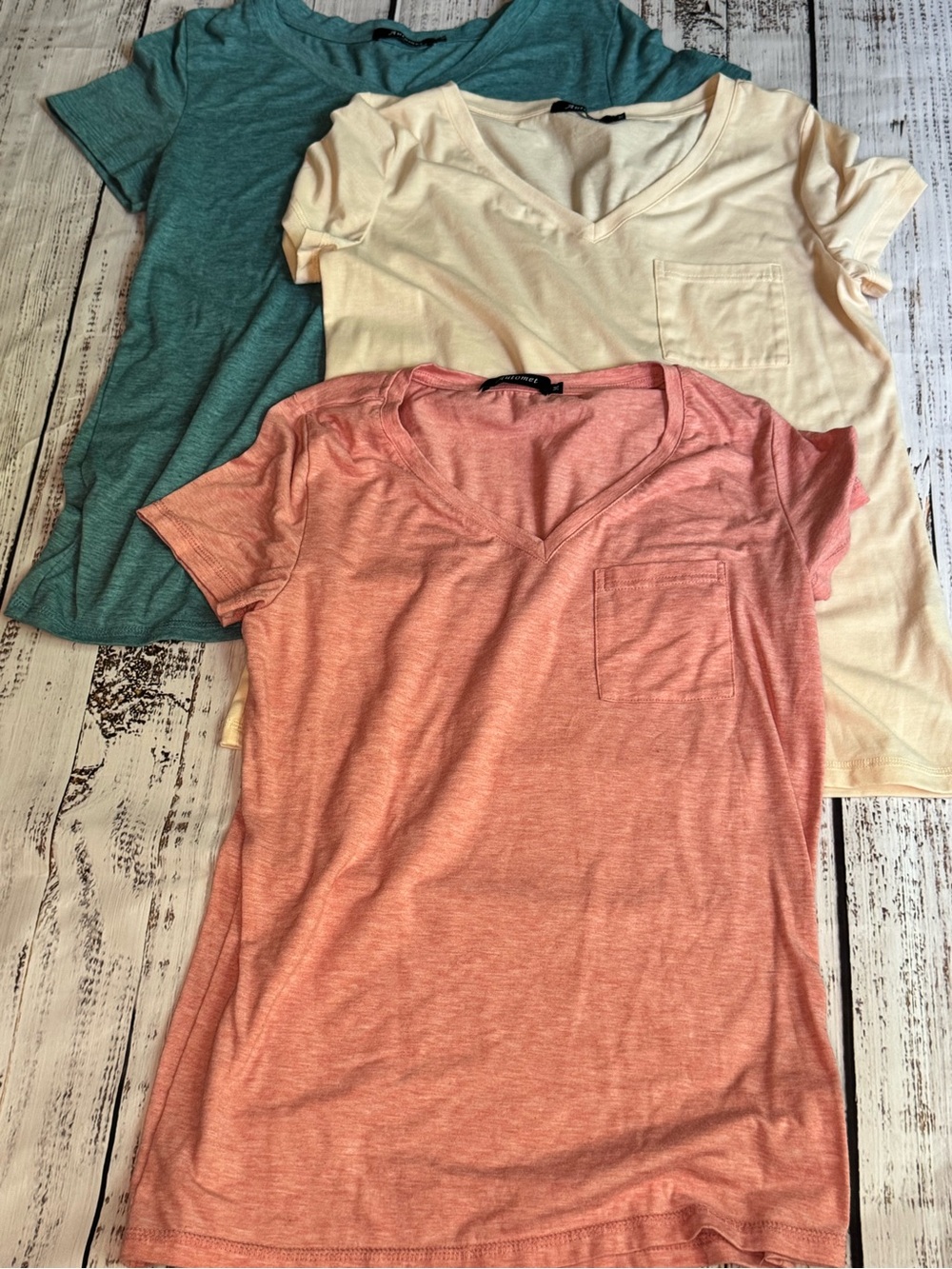 Women’s V-Neck Pocket Tee - Coral, Cream, Green, Lot of 3
